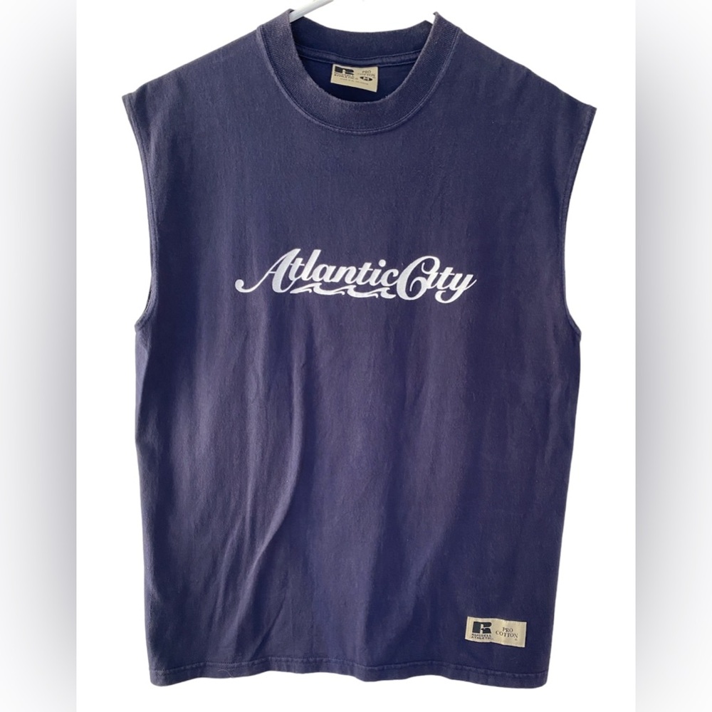Vintage Russell Pro Cotton Atlantic City Muscle Tee Sleeveless T-Shirt Navy Mens
